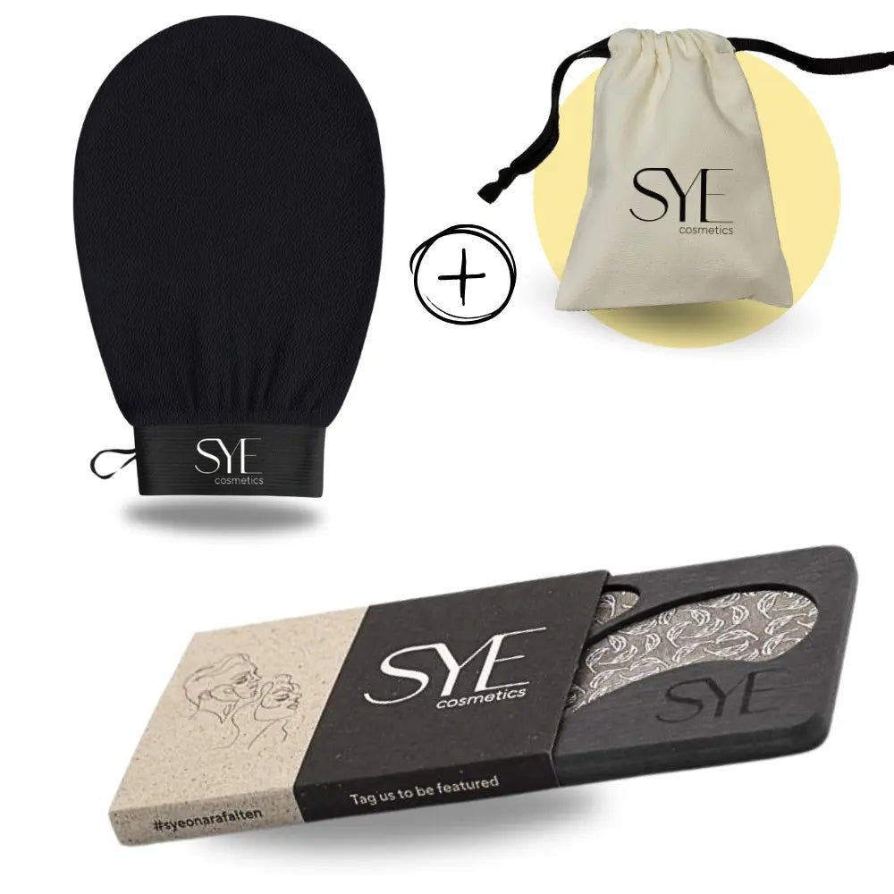 Hautpflegebundle aus wiederverwendbaren Augenpads und einem Peelinghandschuh inkl Stoffbeutel für perfekte Pflegeergebnisse