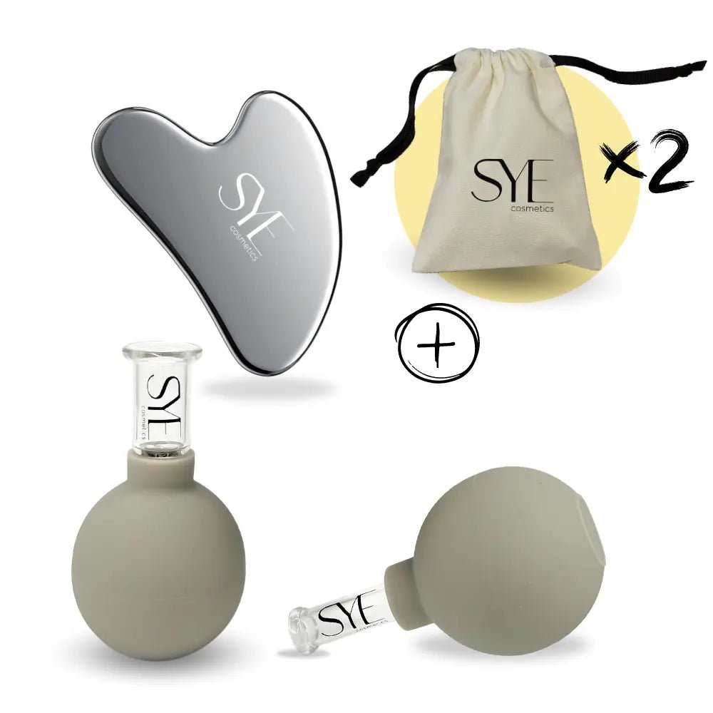 Skincare Tools im Set bestehend aus Gua Sha Stein und Facial Cuppping Set inkl Stoffbeutel