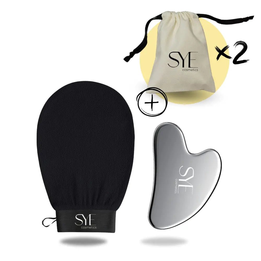 Gua Sha Stein aus Edelstahl und Peelinghandschuh präsentiert mit Stoffbeutel als Verpackung