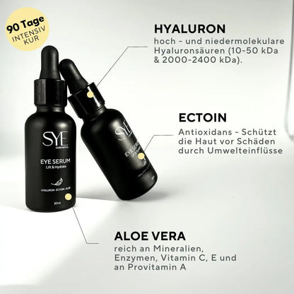 Zwei Verpackungungen des SYE Hyaluron Augenserums, das auch als Anti Aging Serum wirkt, in Nahaufnahme