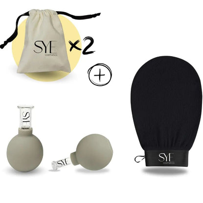 Face Cupping im Set mit Peelinghandschuh und Baumwolltasche präsentiert
